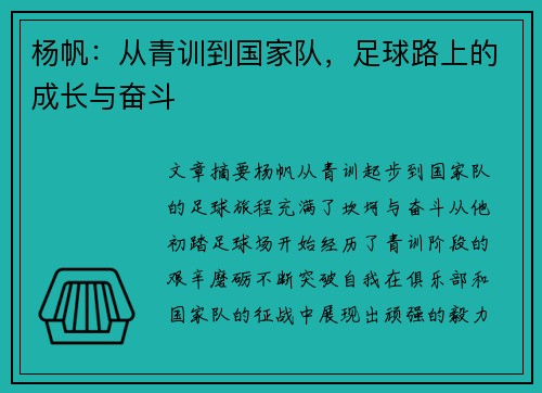 杨帆：从青训到国家队，足球路上的成长与奋斗